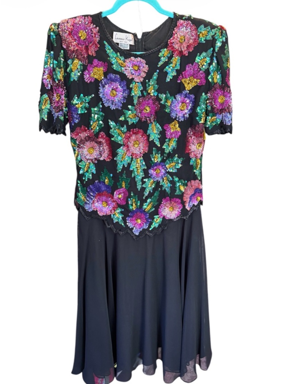 Vintage Laurence Kazar  Midi Dress with Multicolor Sequin Florals Size Large